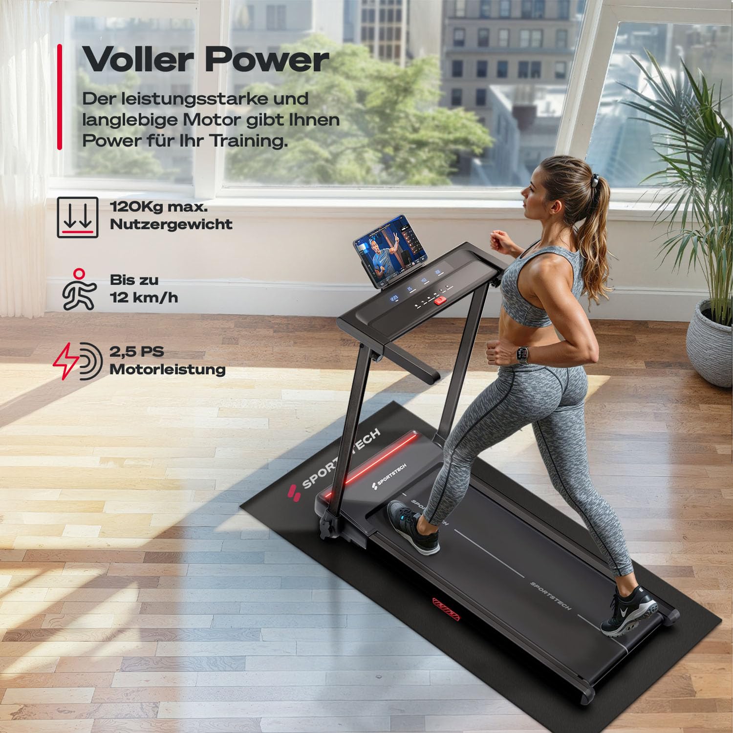 Sportstech Laufband klappbar für Zuhause, bis 12 km/h, max. 120 kg, 11,5 % Steigung, LED, Tablethalter, Bluetooth App, sProRun