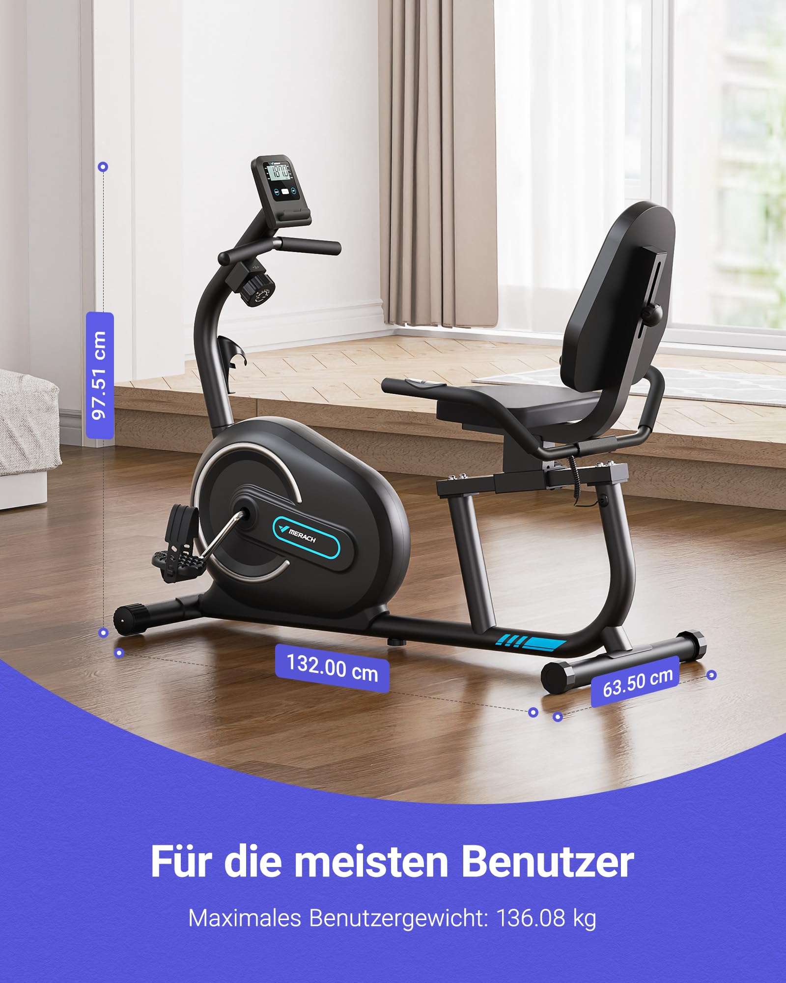 MERACH Liegeergometer für Zuhause, 8 Widerstandsstufen, Bluetooth & App, LCD-Display, Herzfrequenzsensoren, verstellbare Rückenlehne