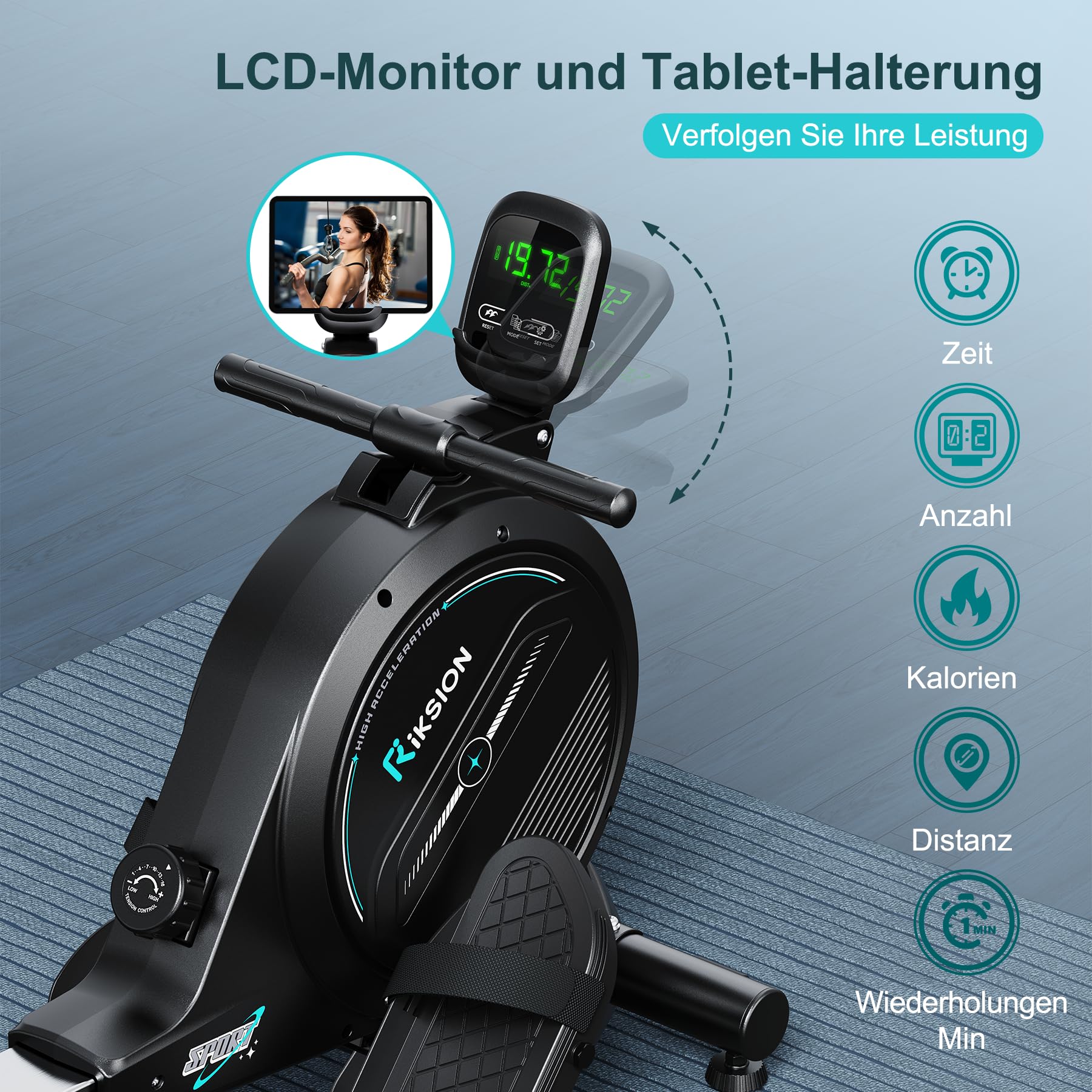 Riksion Rudergerät für Zuhause, magnetisch mit LCD-Display, 16 Widerstandsstufen, bis 160 kg belastbar, platzsparend vertikal verstaubar