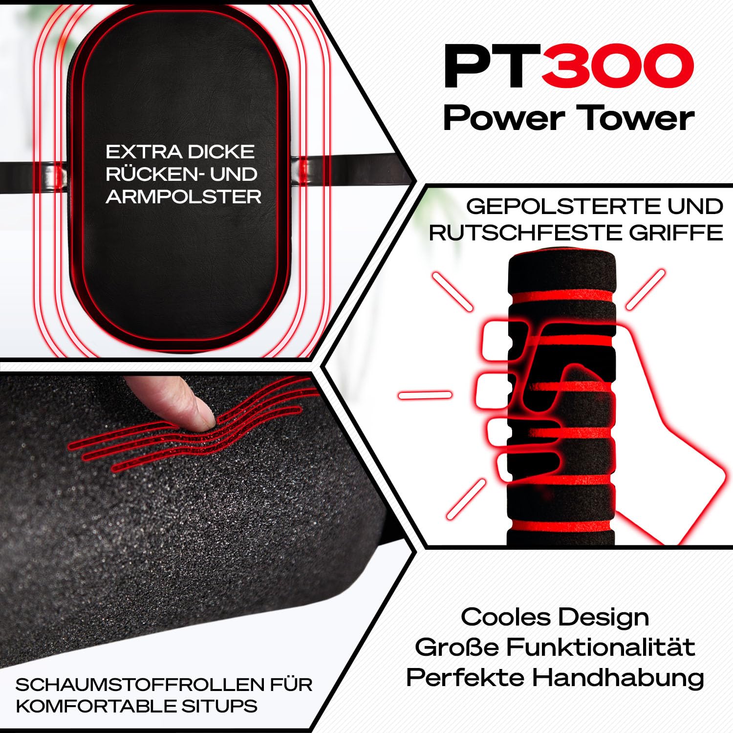 Sportstech 7in1 Power Tower PT300, Dip-Station & Kraftturm, multifunktionale Heim-Kraftstation mit Klimmzugstange, Liegestützgriffe, TRX/Ropes-Ösen