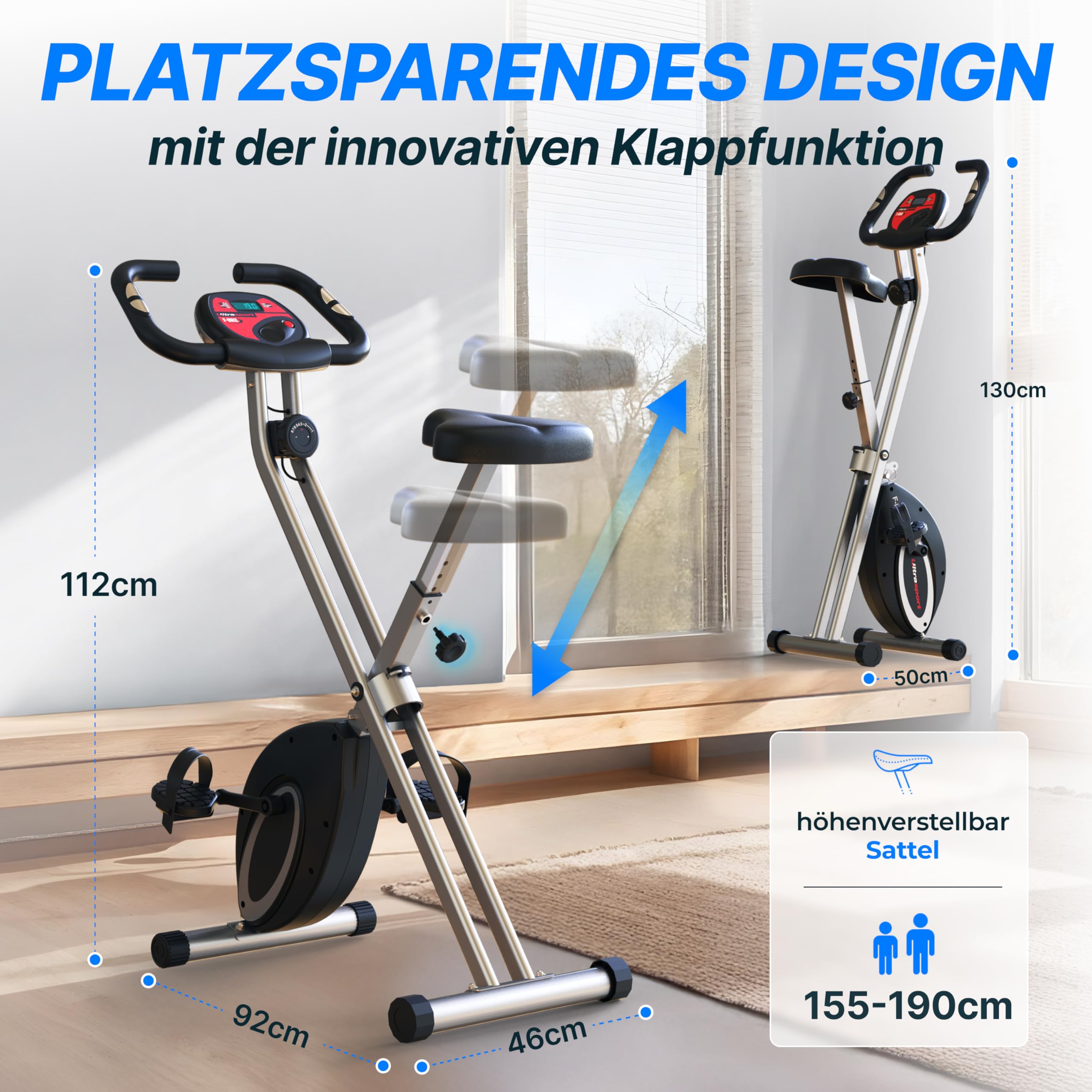 Ultrasport Heimtrainer klappbar, extra leise, bis 130 kg, Komfort-Sattel, Fitnessbike/Indoor Bike/Trimmrad, Schwarz-Silber