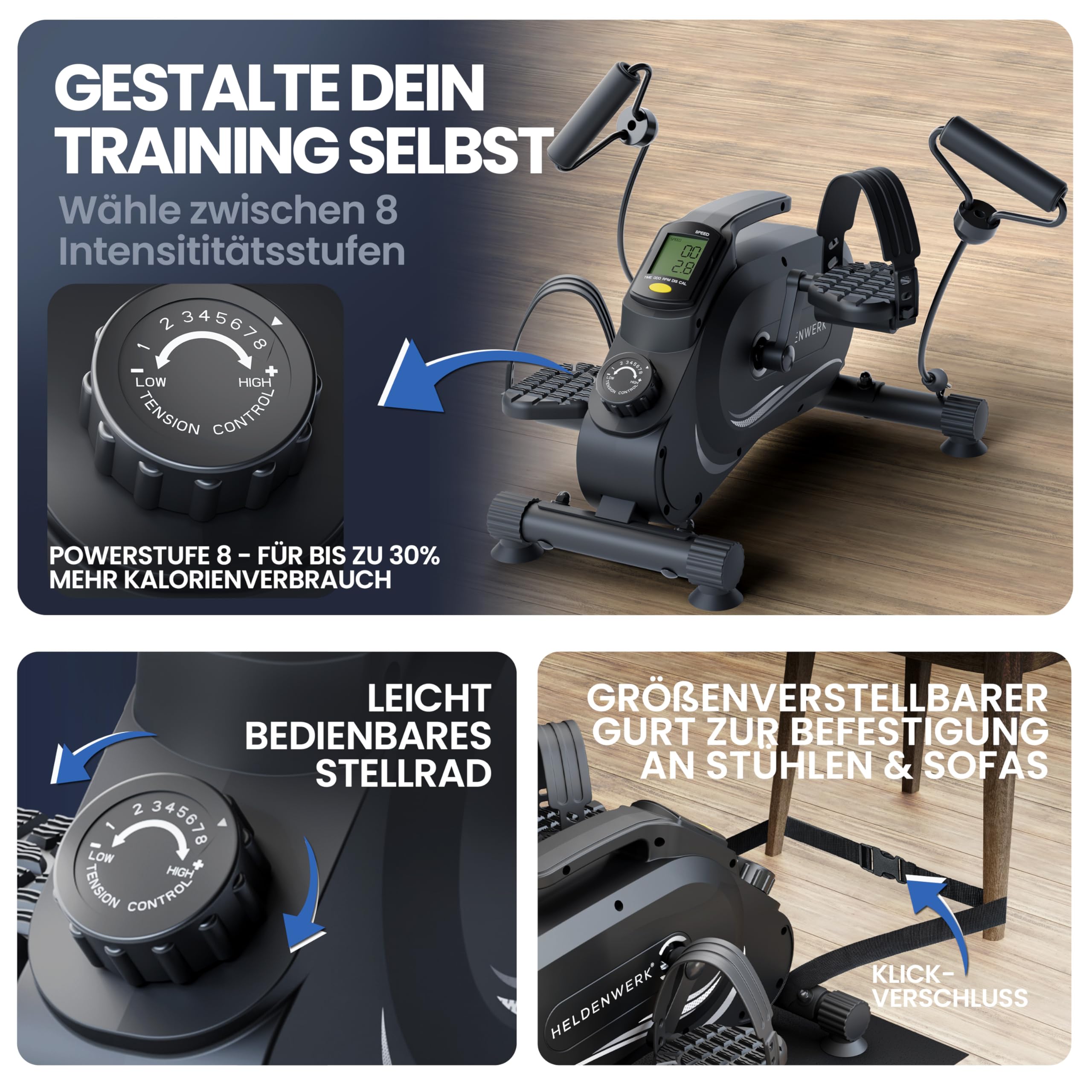 HELDENWERK Pedaltrainer PRO Set, TÜV/GS geprüft, extra leise & gelenkschonend, mit Befestigungsband, Arm- & Beintrainer für Senioren & Zuhause