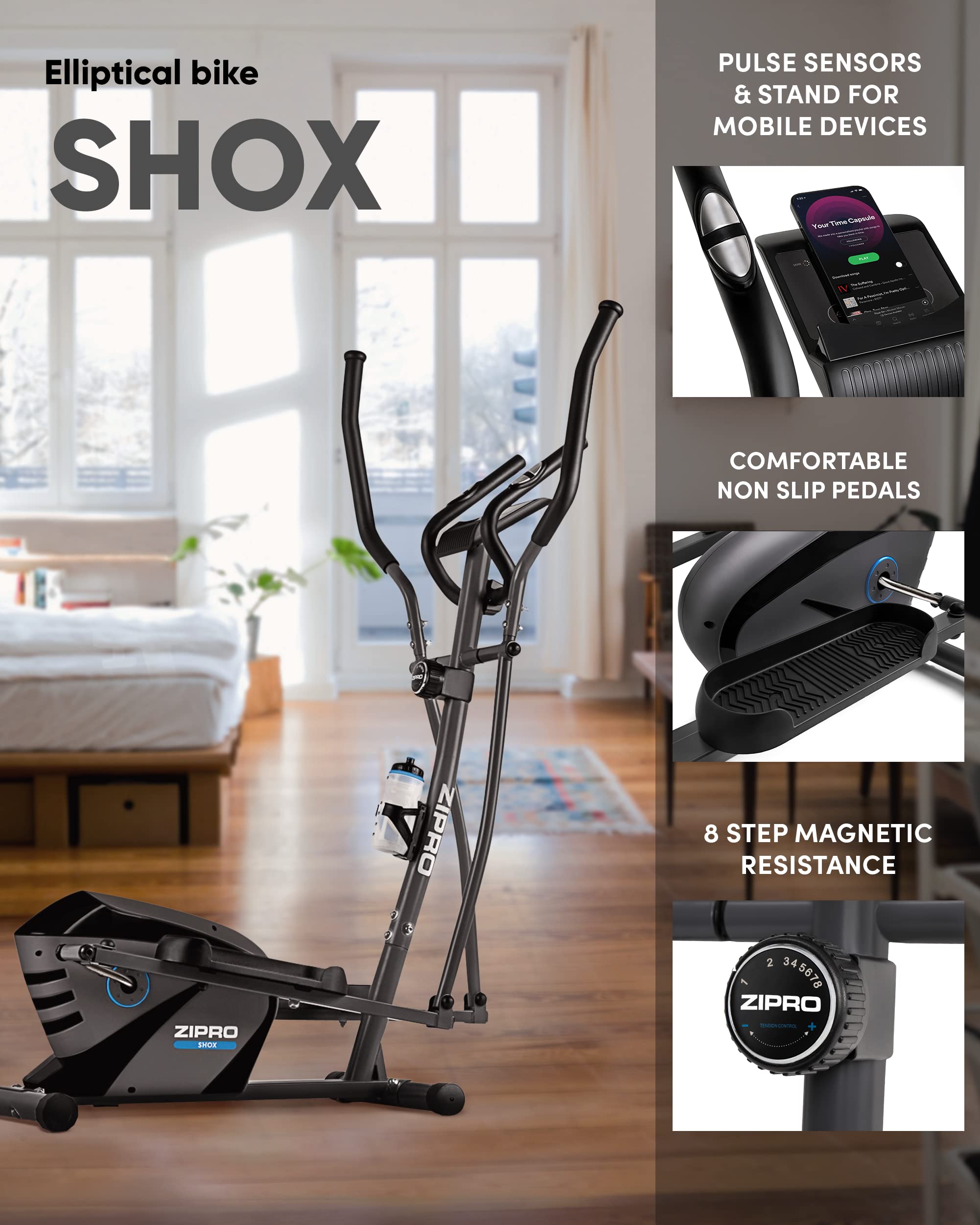 Zipro Erwachsene Magnetischer Crosstrainer Shox bis 120kg, Schwarz, One Size, einheitsgröße