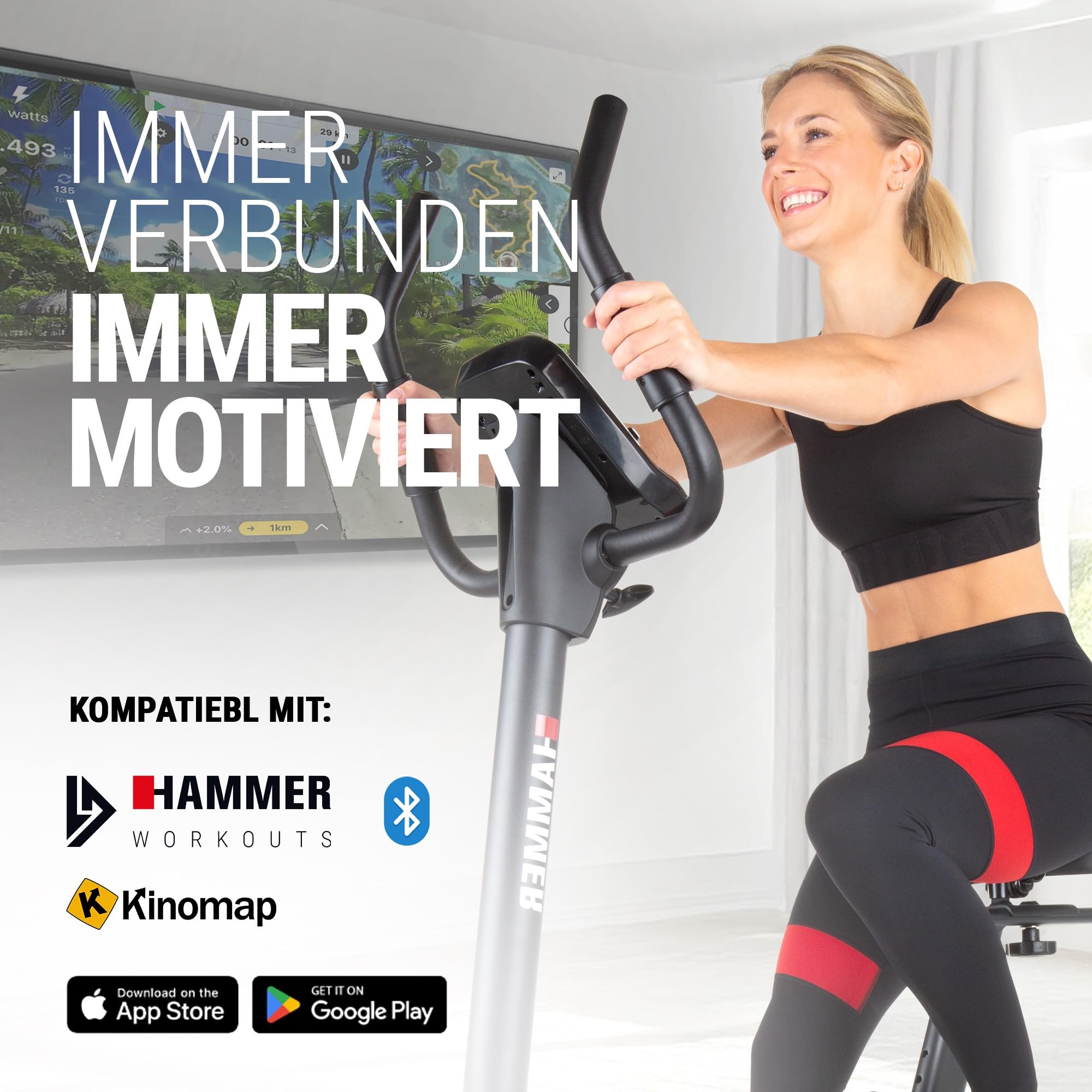 HAMMER 4862 Ergometer Cardio XT6 BT - leises Fitnessfahrrad, tiefer Einstieg, Comfort-Sattel, 13kg Schwungmasse, Bluetooth & App, 130kg, 93x51x150cm