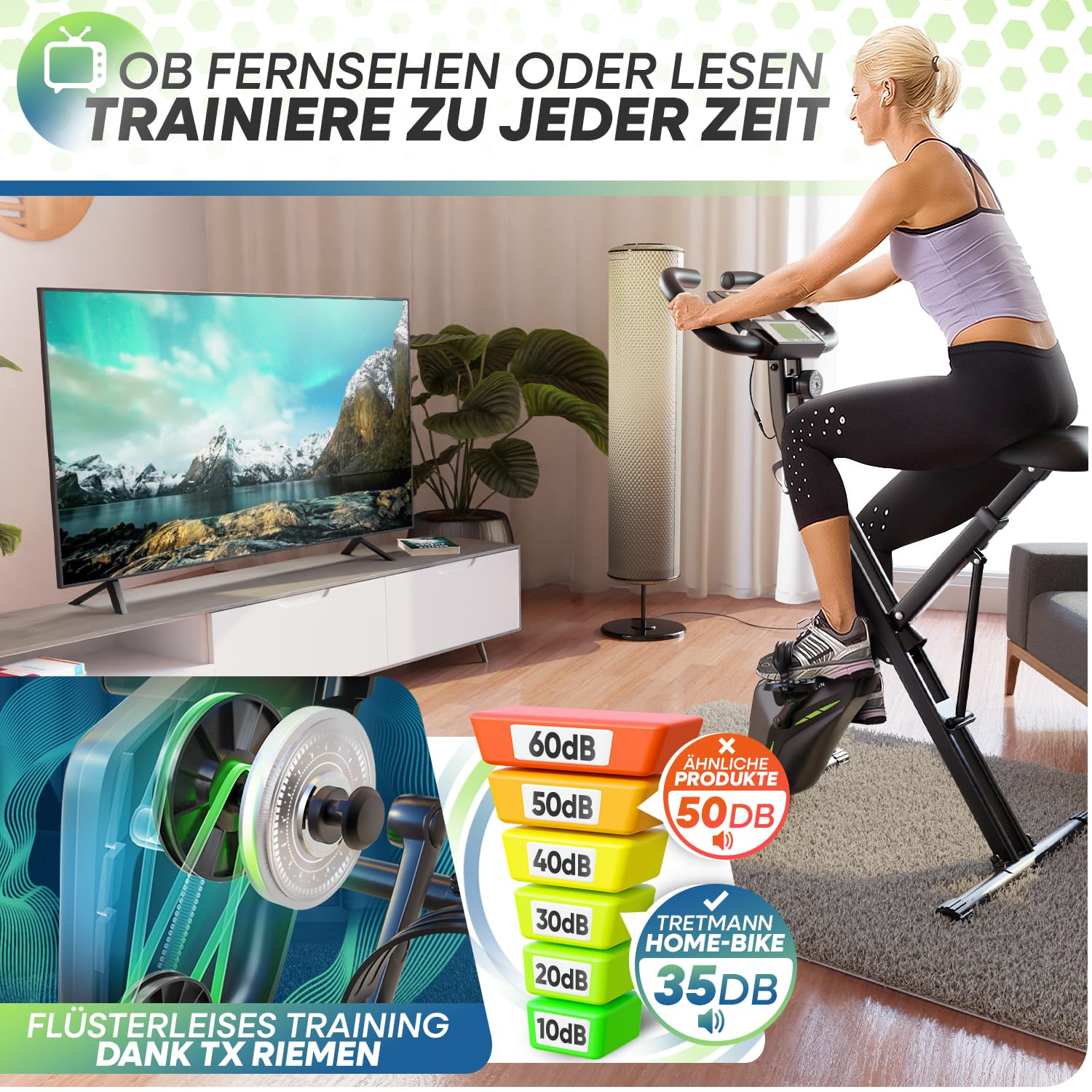 Neu Tretmann Hometrainer klappbar Set, RelaxFoam Sitz, bis 150kg, extra bequem & leise, Ergometer Heimtrainer Fahrrad für Senioren & Zuhause Fitness