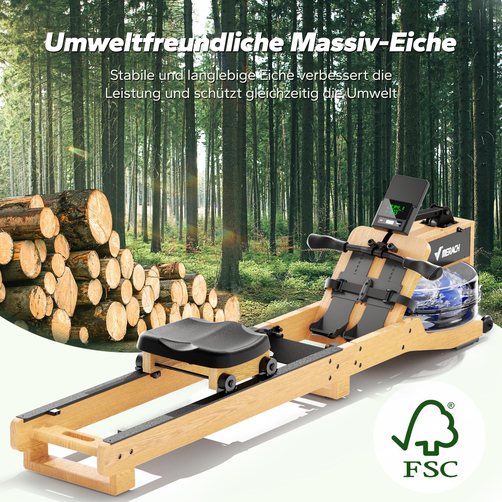 MERACH Wasser-Rudergerät aus Rot-Eichenholz, 12 Blätter für 40% mehr Widerstand, mit exklusiver APP & interaktivem Flusskarten-Gaming (R23 Roteiche)