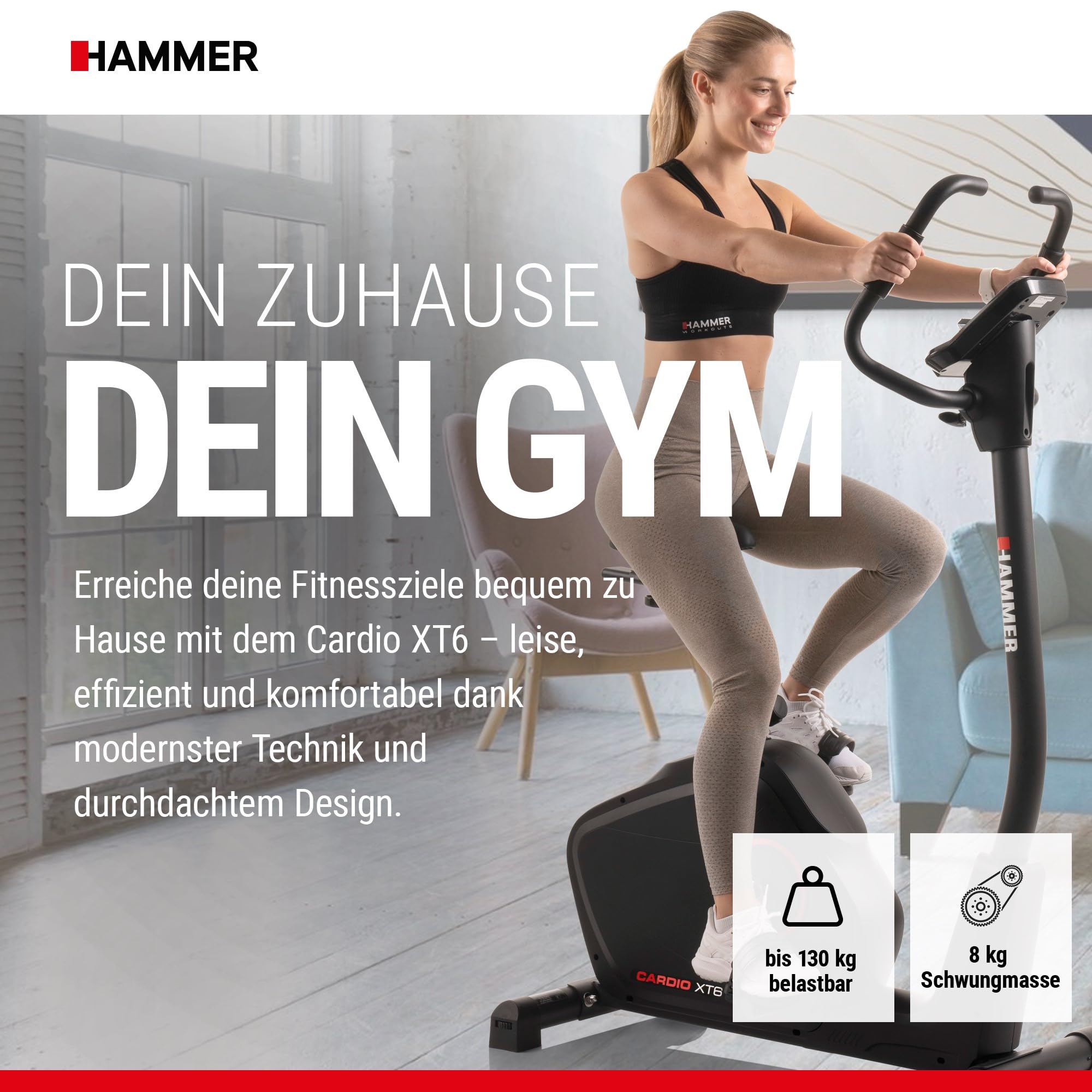 HAMMER 4862 Ergometer Cardio XT6 BT - leises Fitnessfahrrad, tiefer Einstieg, Comfort-Sattel, 13kg Schwungmasse, Bluetooth & App, 130kg, 93x51x150cm