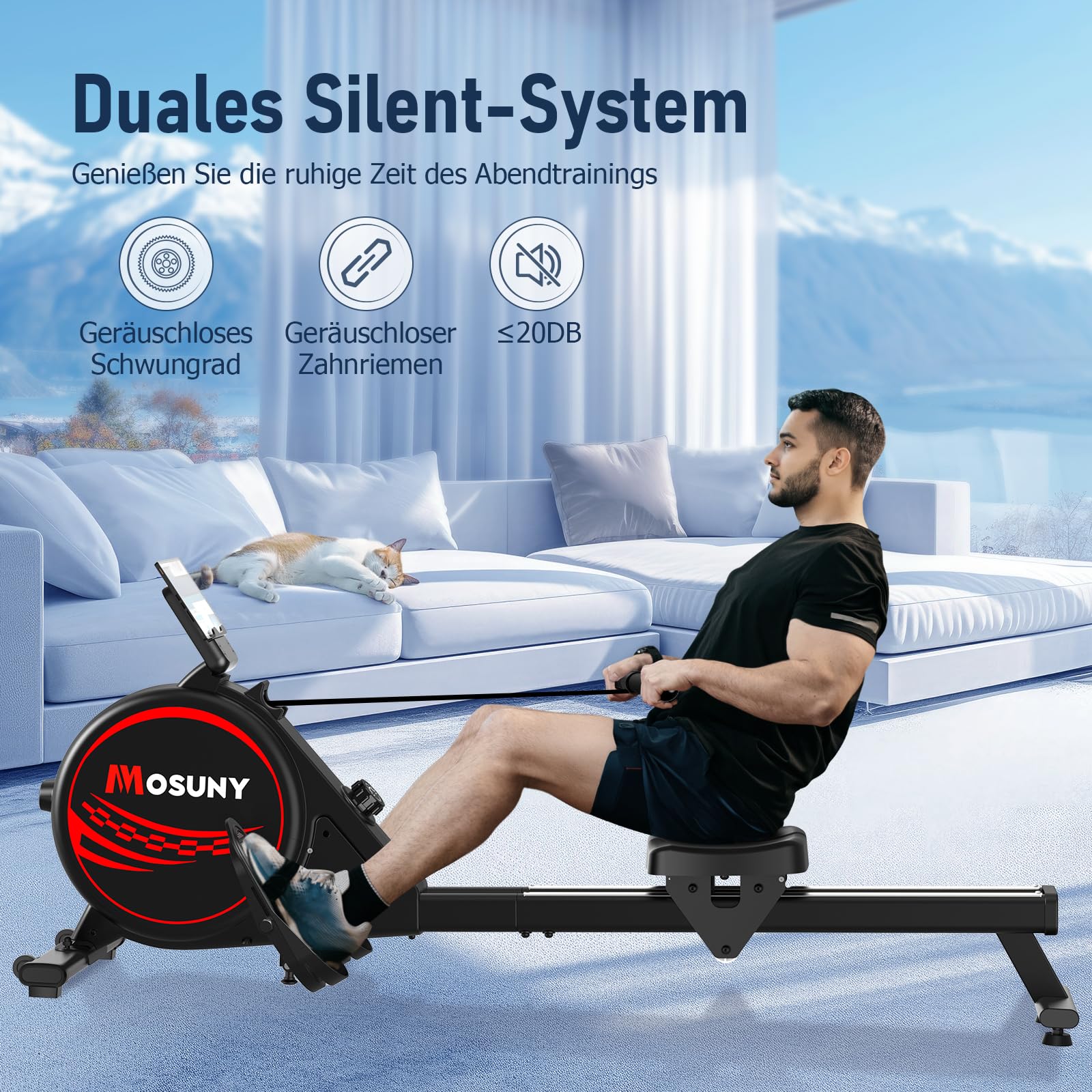 MOSUNY Rudergerät für Zuhause, leises Magnetmodell mit 16 Widerstandsstufen, Doppel-Slide-Rails, LCD & App, bis 160 kg belastbar