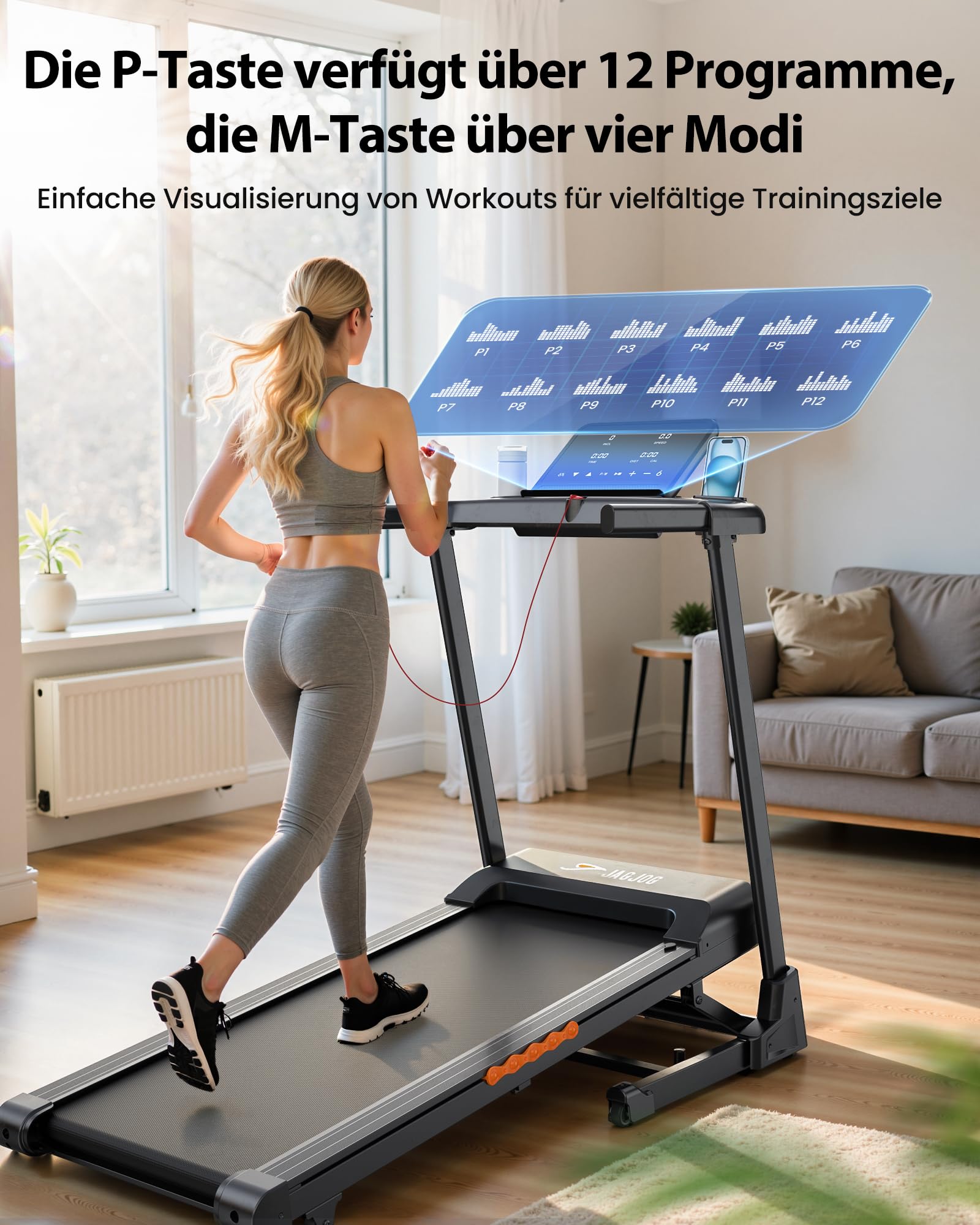 Laufband klappbar für Zuhause, 1–14 km/h, 3 PS, 15 % automatische Steigung, LED-Anzeige, 12 Programme, bis 136 kg, Walking Pad