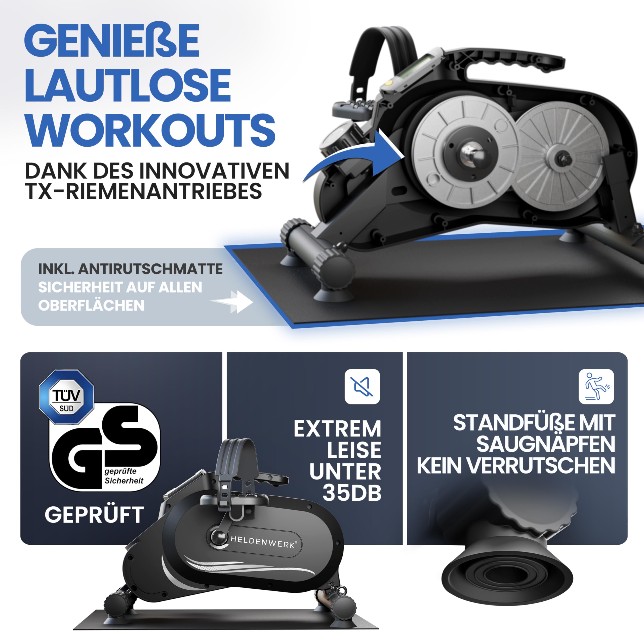 HELDENWERK Pedaltrainer PRO Set, TÜV/GS geprüft, extra leise & gelenkschonend, mit Befestigungsband, Arm- & Beintrainer für Senioren & Zuhause