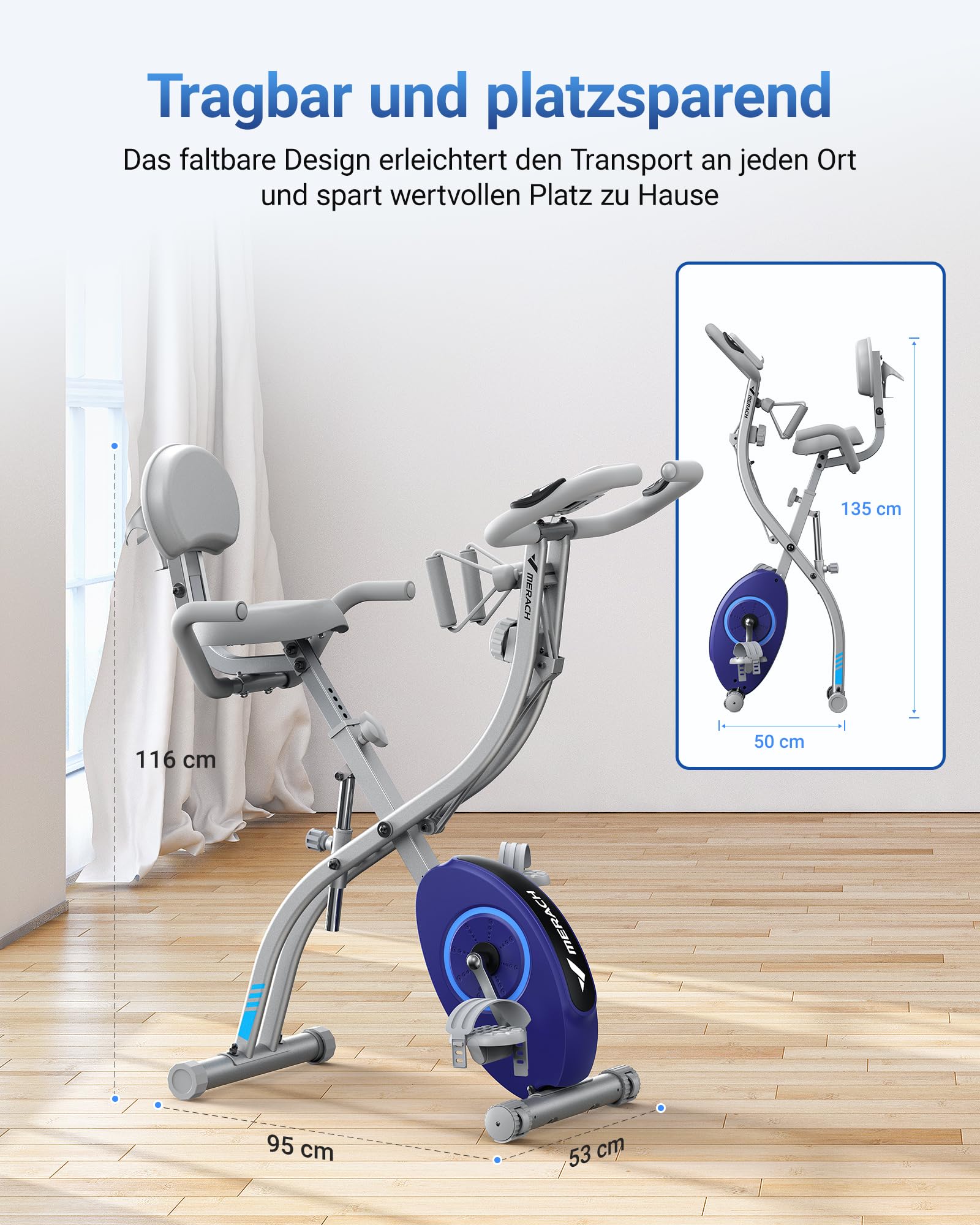 MERACH 4-in-1 Heimtrainer klappbar, LCD-Monitor, Handpulsmessung, magnetisches Ergometer, bequemer Sitz, Fitnessbike für Zuhause, platzsparend