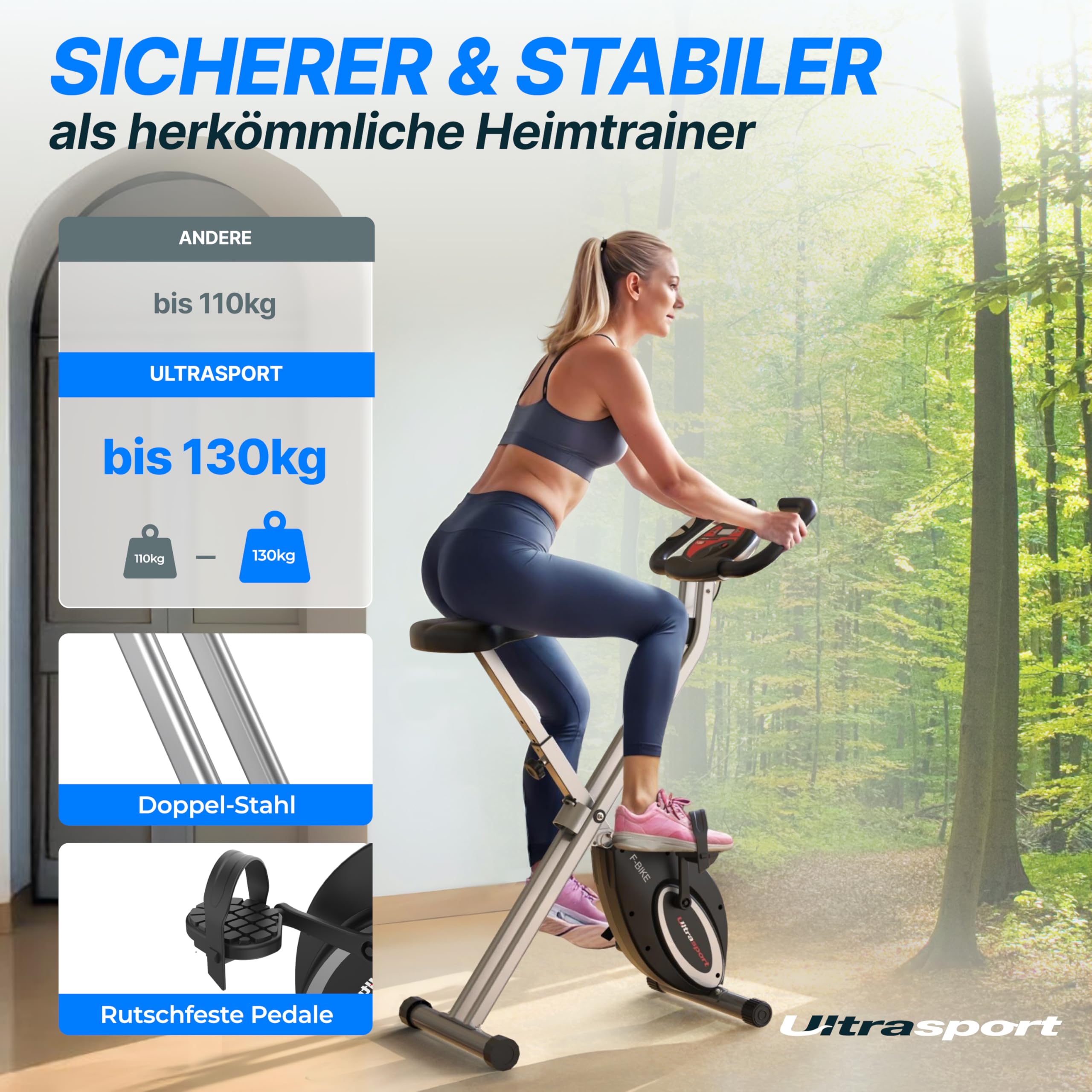 Ultrasport Heimtrainer klappbar, extra leise, bis 130 kg, Komfort-Sattel, Fitnessbike/Indoor Bike/Trimmrad, Schwarz-Silber