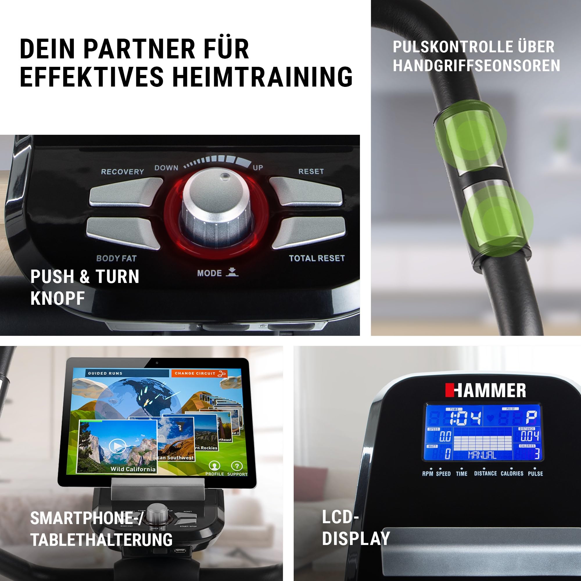HAMMER 4862 Ergometer Cardio XT6 BT - leises Fitnessfahrrad, tiefer Einstieg, Comfort-Sattel, 13kg Schwungmasse, Bluetooth & App, 130kg, 93x51x150cm