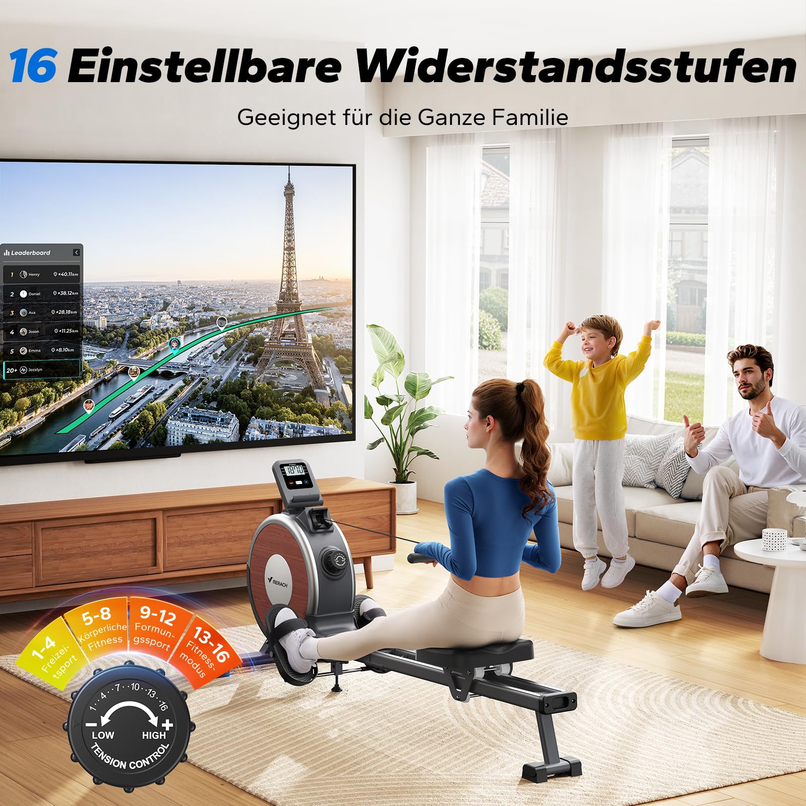 MERACH Rudergerät für Zuhause, magnetisch mit 16 Stufen, leise, APP, Doppelschienen, stabil, einfacher Aufbau – ideale Wahl für Heimfitness