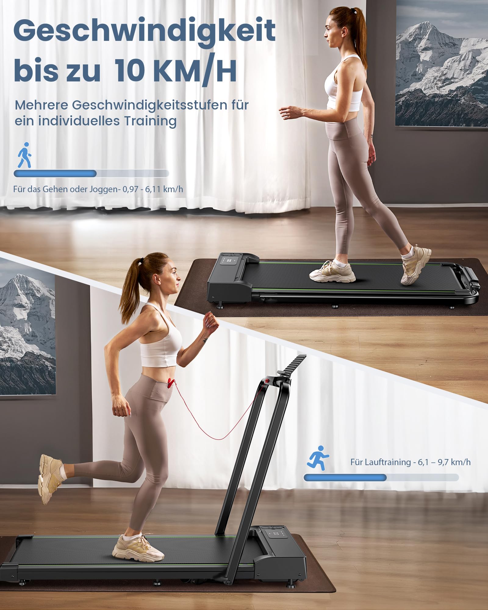 Laufband für Zuhause Klappbar, 2 in 1 Klappbar Laufband, 2,5 PS Laufband Schreibtisch mit Armlehnen, 1-10km/h Walking Pad Klappbar mit LED-Anzeige