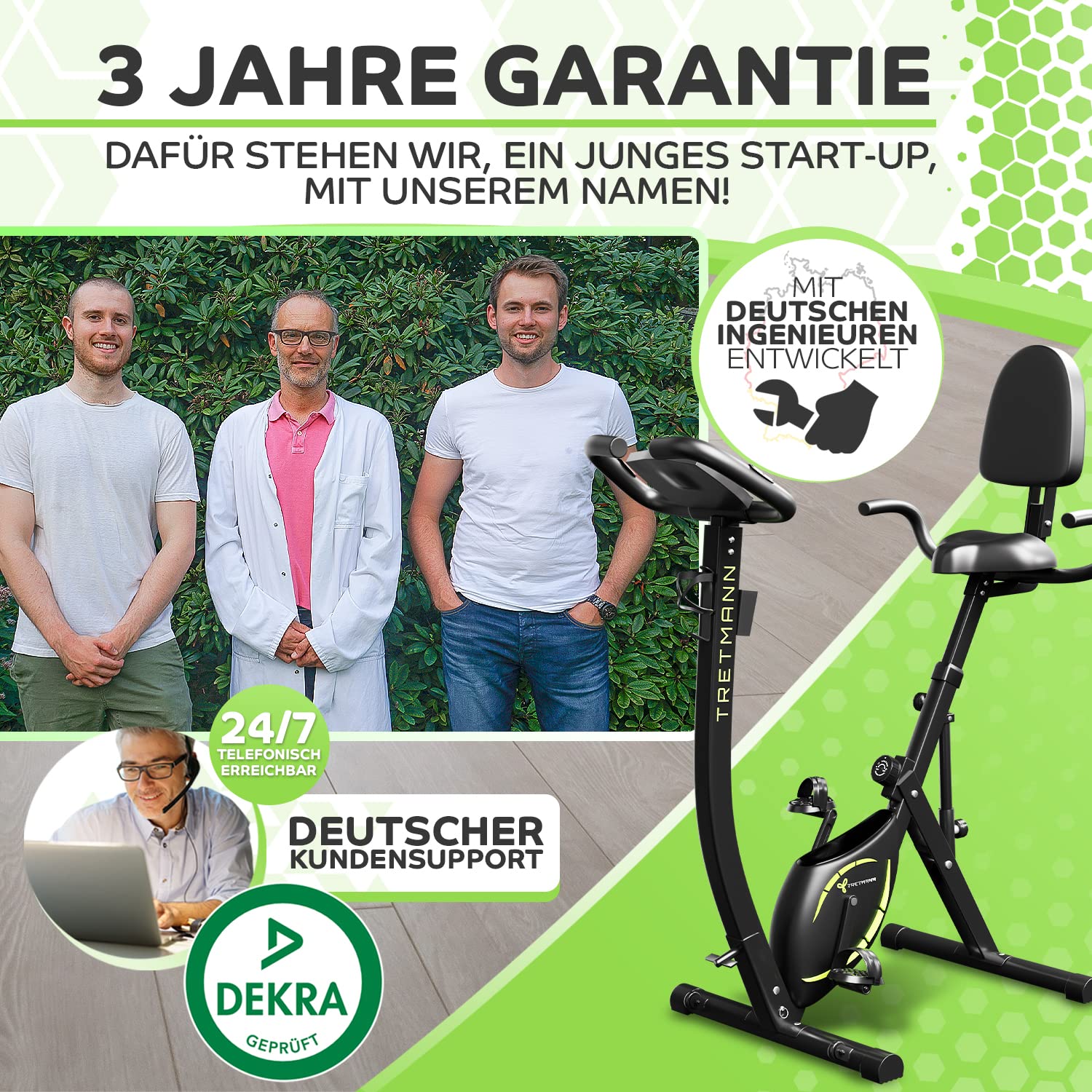 Tretmann 3in1 Heimtrainer klappbar, SoftFoam Sitz, extra komfortabel & leise, DEKRA geprüft, tiefer Einstieg, Ergometer Fahrrad für Zuhause