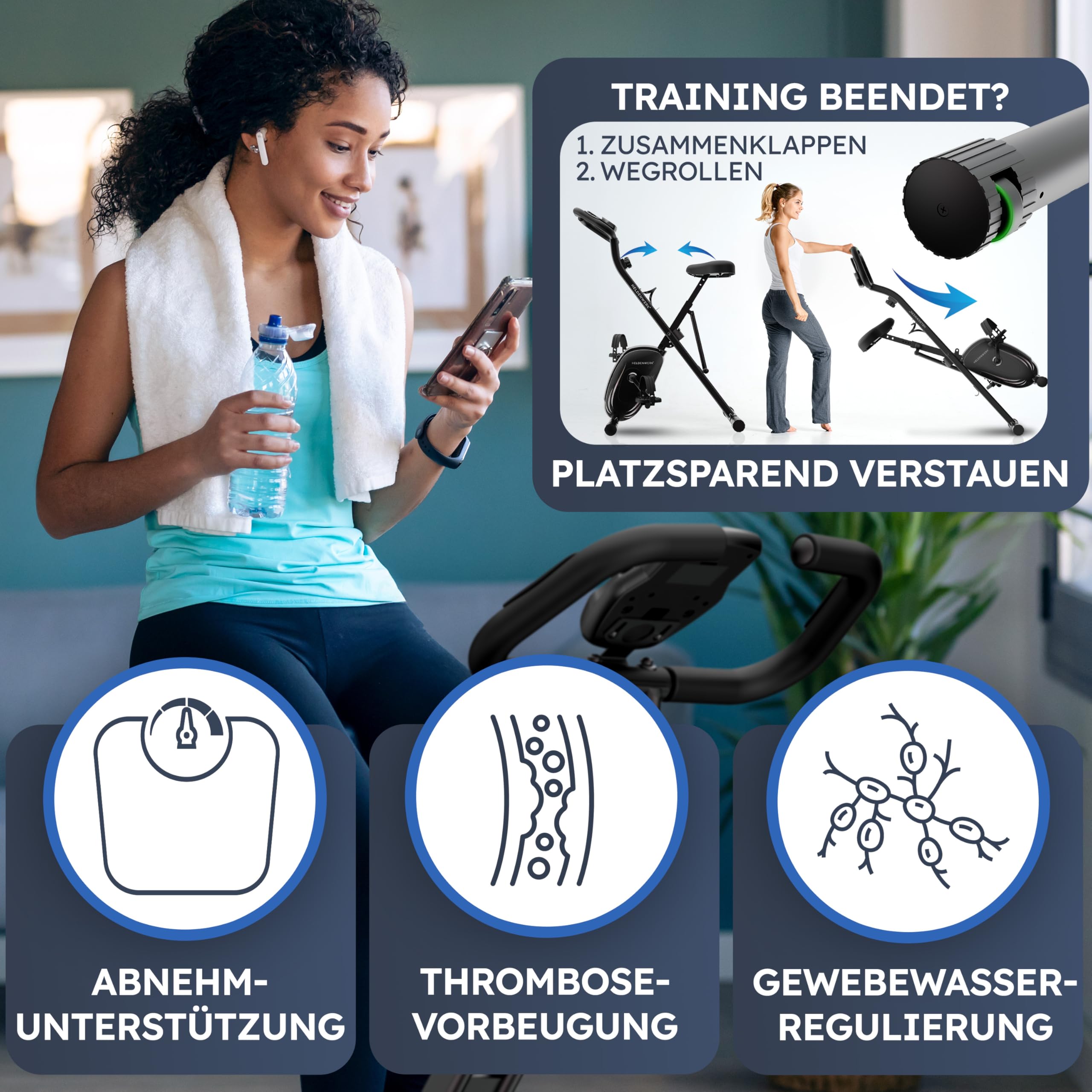 HELDENWERK Heimtrainer klappbar Set, FlexiFoam Sitz, bis 150 kg, extra bequem & leise, Ergometer Heimtrainer Fahrrad für Senioren & Zuhause.