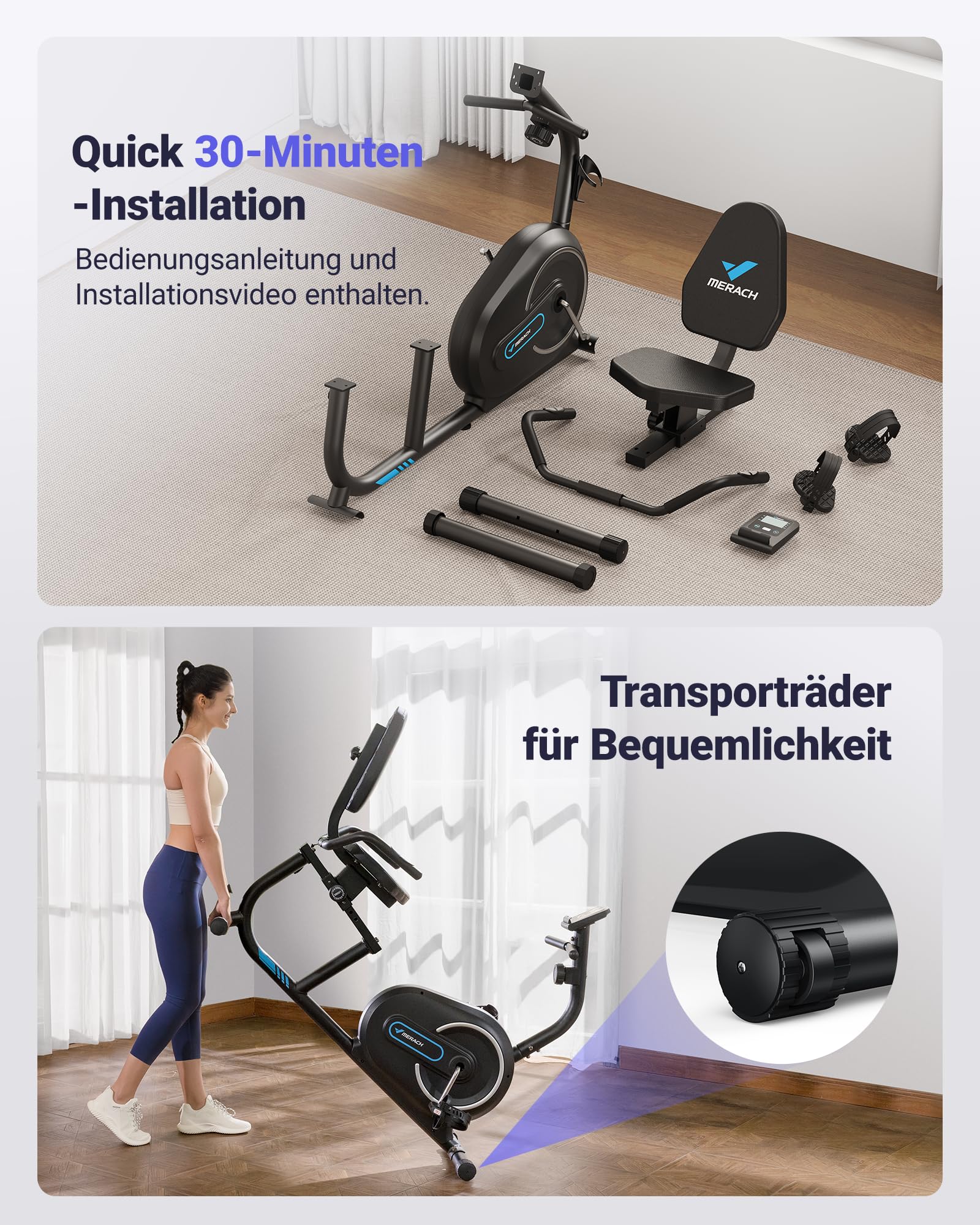 MERACH Liegeergometer für Zuhause, 8 Widerstandsstufen, Bluetooth & App, LCD-Display, Herzfrequenzsensoren, verstellbare Rückenlehne
