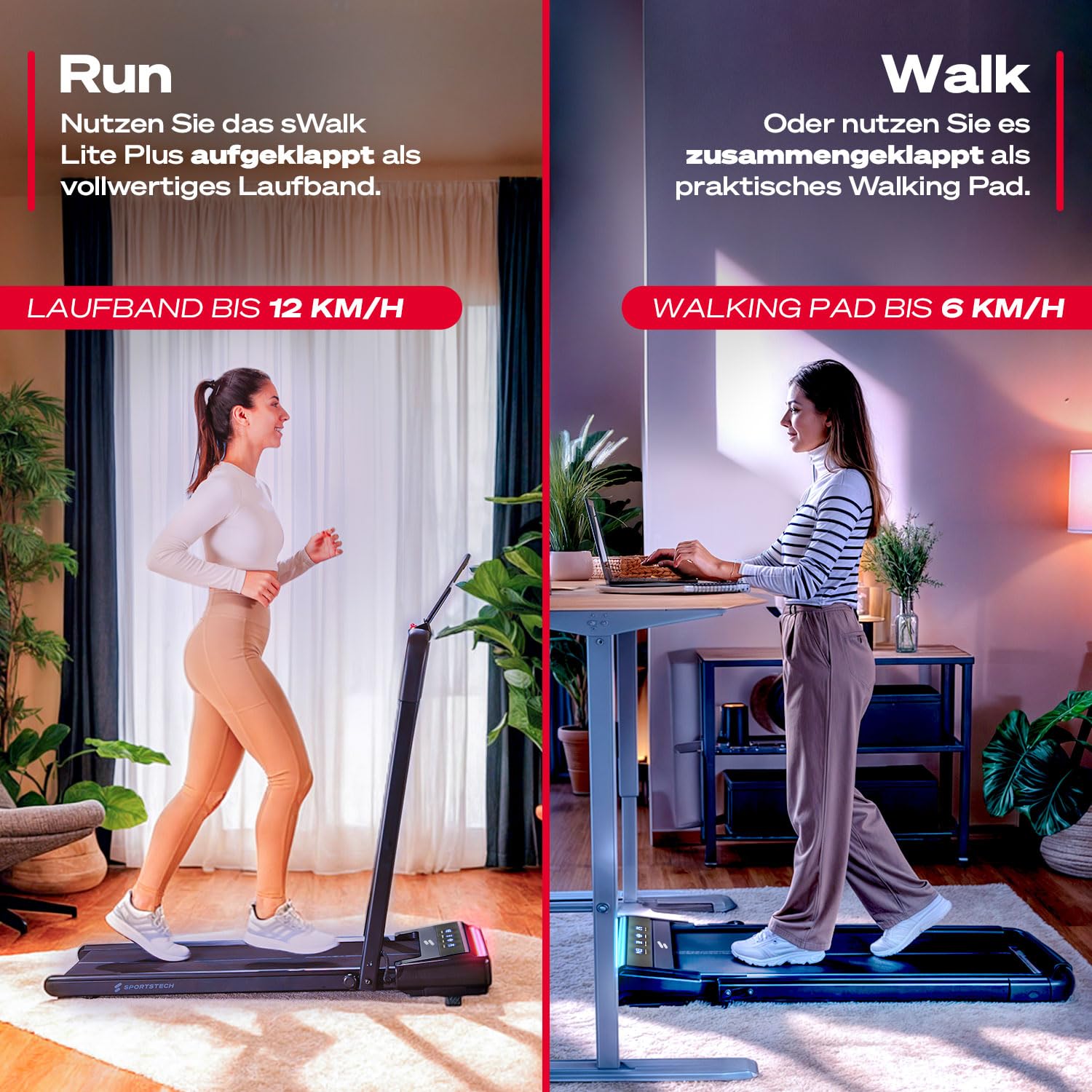 Sportstech Walking Pad sWalk lite Plus - Laufband für Zuhause mit manueller Steigung, bis 6 km/h Walking, bis 12 km/h Laufen, App, Fernbedienung