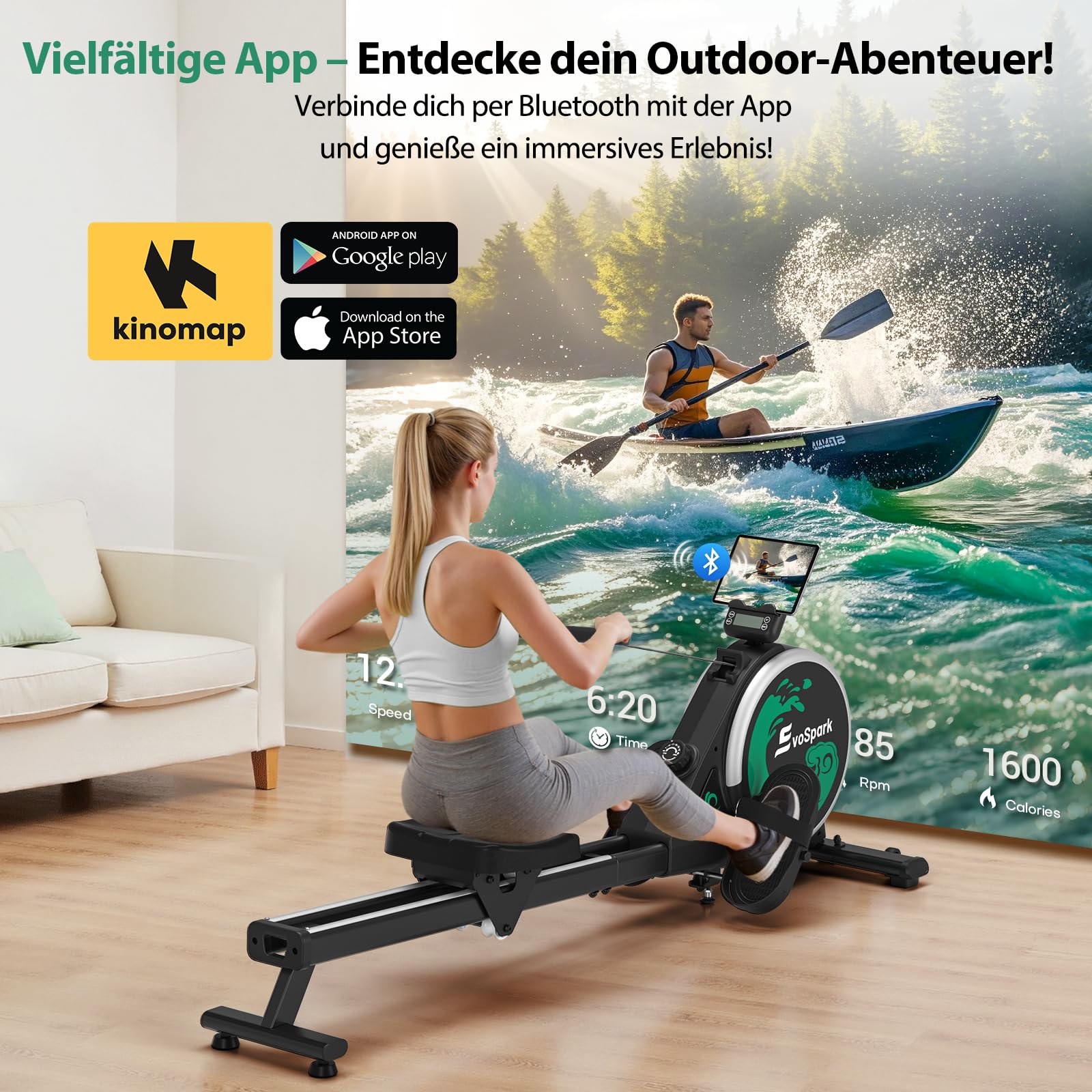 EvoSpark Rudergerät für Zuhause, 16 Stufen, APP, ultraleise Doppel-Slide-Rails, LCD-Anzeige – ideale Wahl für Fitness & Training