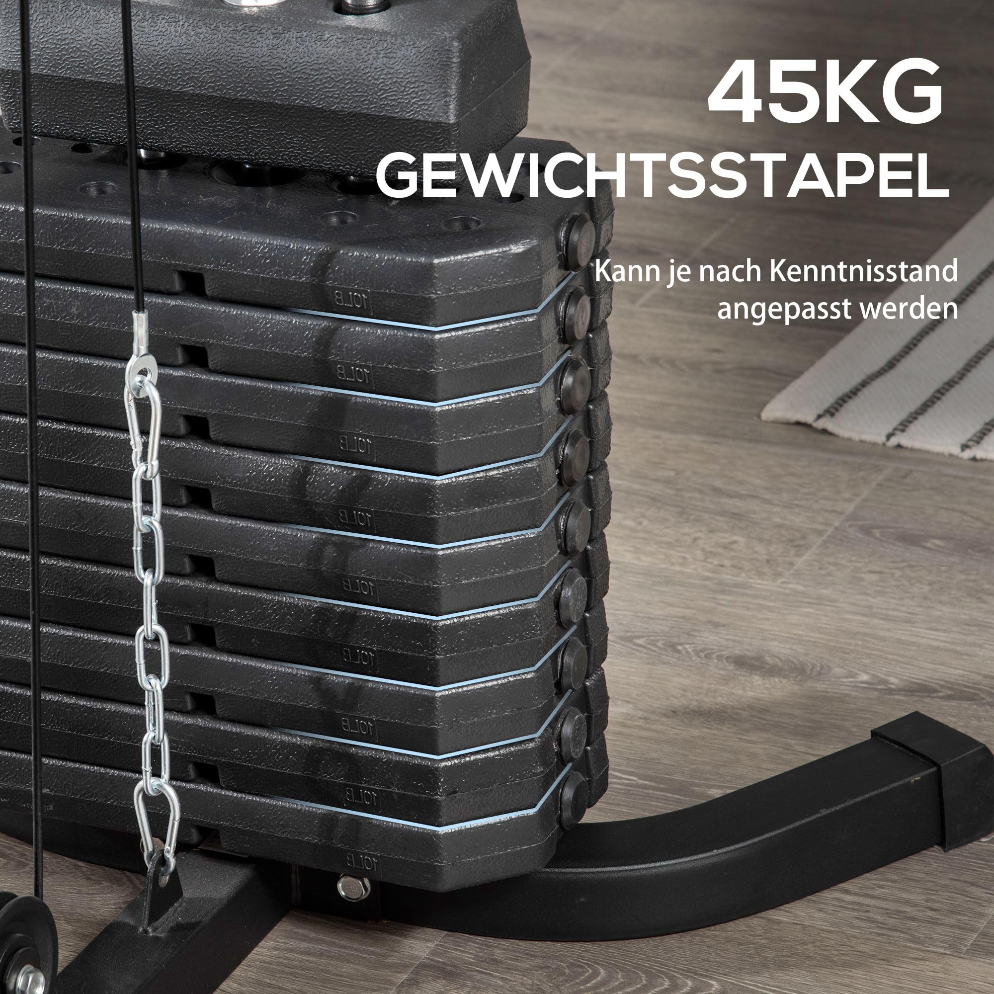 HOMCOM Kompakte Kraftstation, Multifunktionale Fitnessstation, Multistation mit Butterfly, Bizepscurl, Latzug, Beinstrecker, 45 kg Gewichtsblock