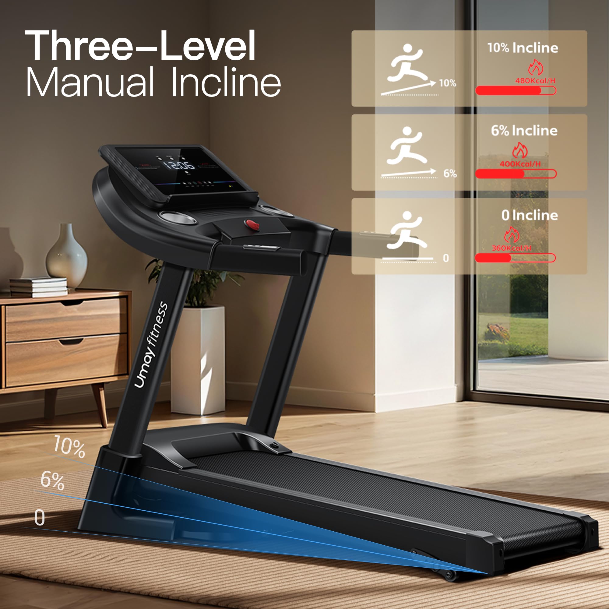 UMAY Laufband klappbar, bis 14 km/h, 3.0 PS Motor, 3 Steigungsstufen, 12 Trainingsprogramme, bis 136 kg, Treadmill für Zuhause