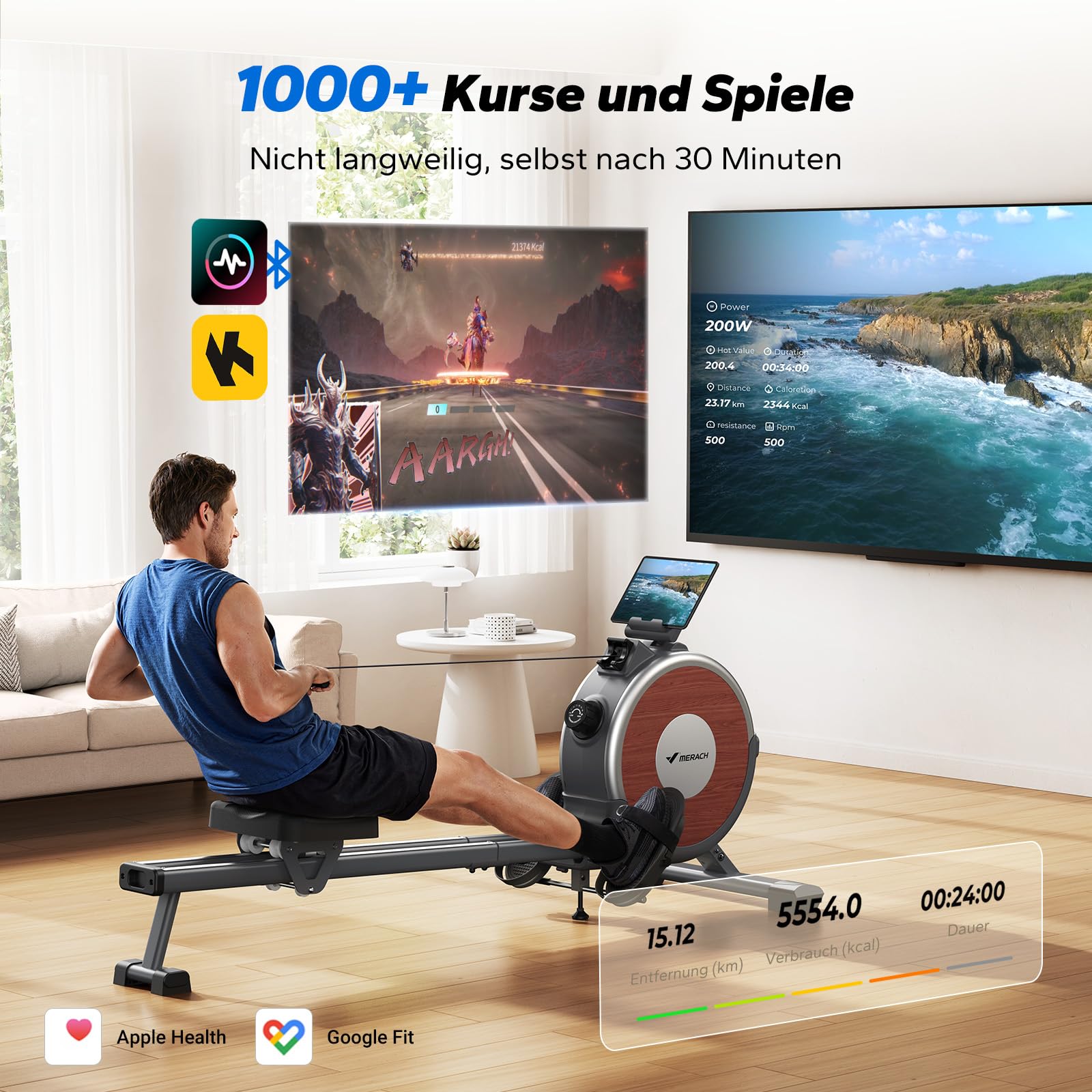 MERACH Rudergerät für Zuhause, magnetisch mit 16 Stufen, leise, APP, Doppelschienen, stabil, einfacher Aufbau – ideale Wahl für Heimfitness