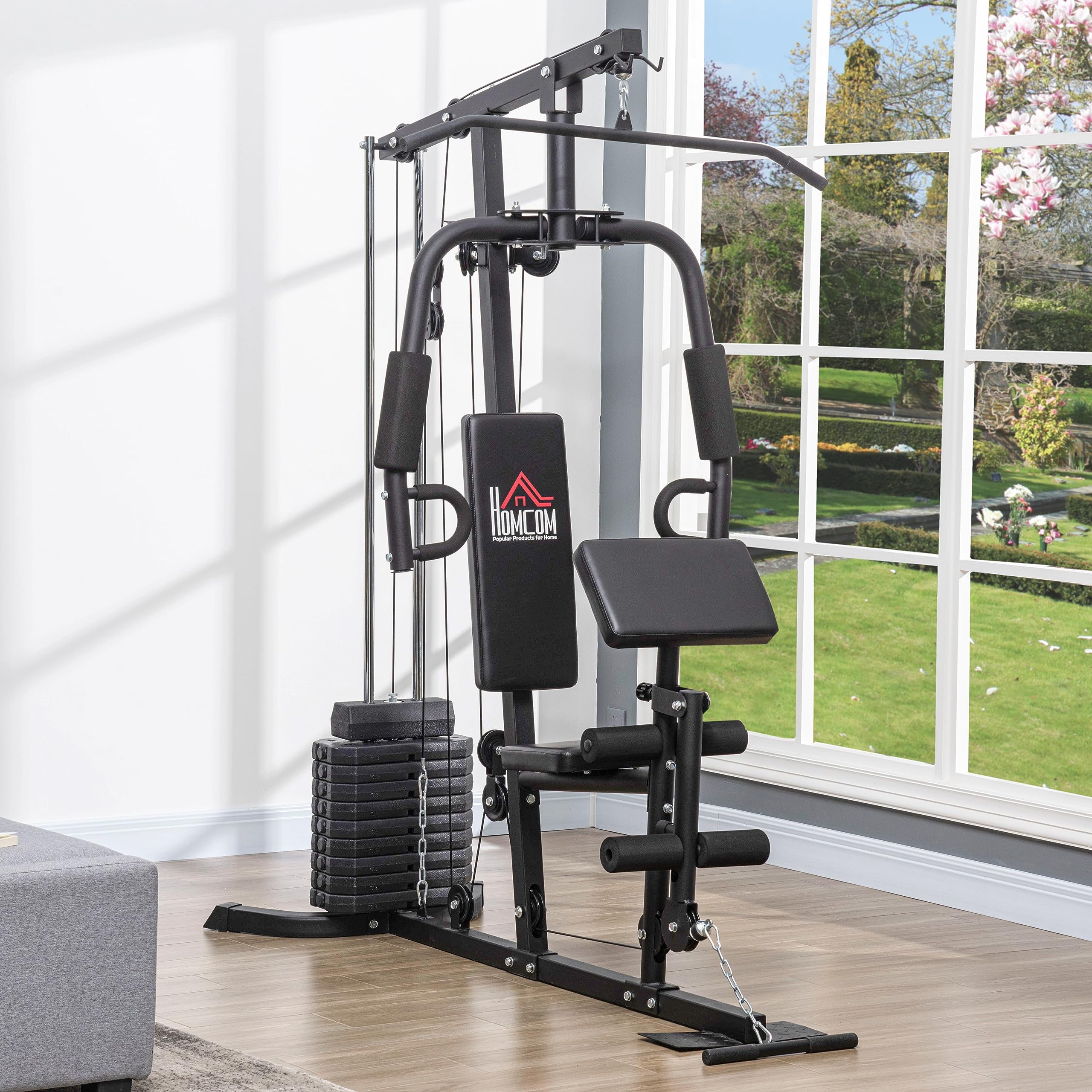 HOMCOM Kompakte Kraftstation, Multifunktionale Fitnessstation, Multistation mit Butterfly, Bizepscurl, Latzug, Beinstrecker, 45 kg Gewichtsblock