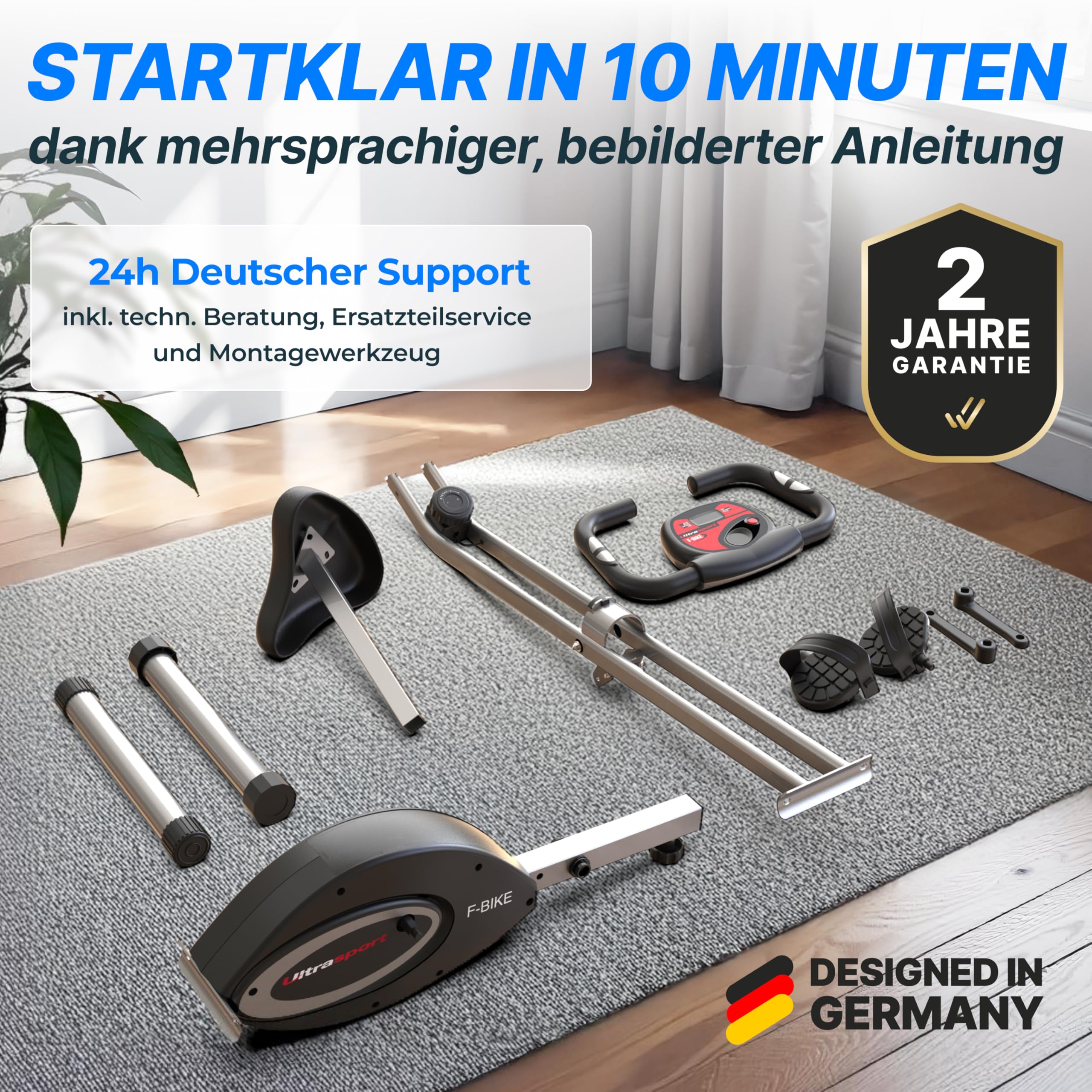 Ultrasport Heimtrainer klappbar, extra leise, bis 130 kg, Komfort-Sattel, Fitnessbike/Indoor Bike/Trimmrad, Schwarz-Silber